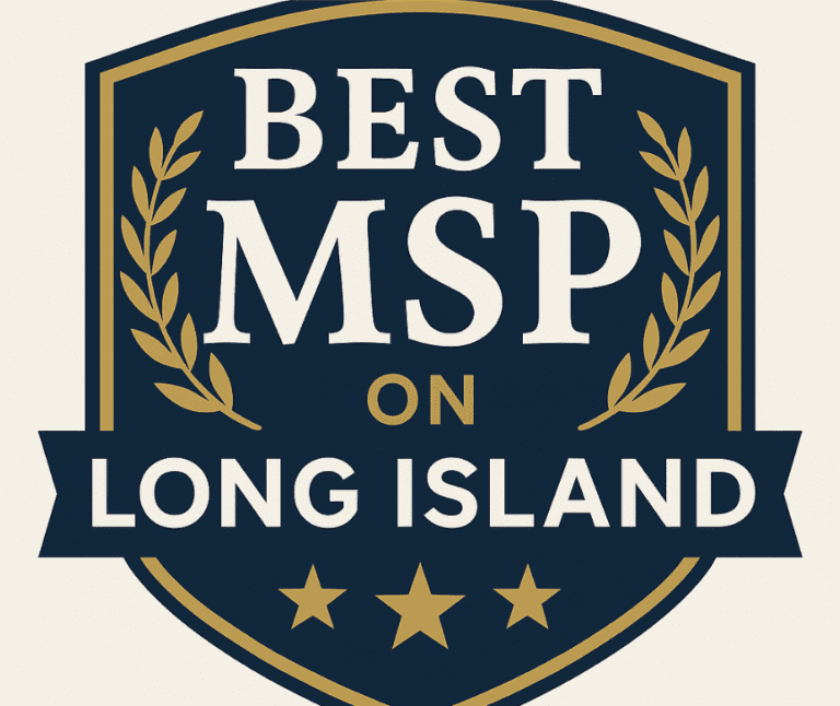 A shield-shaped emblem with gold laurel branches and stars reads "Best MSP on Long Island" in bold white and gold letters.